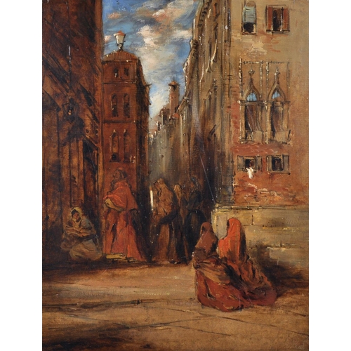 52 - James Holland (1799/1800-1870) British. A Venetian Scene, with Figures entering a Church, Oil on Can... 