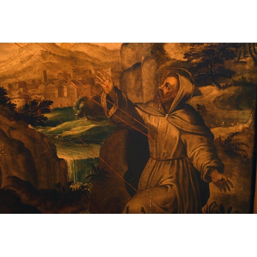 55 - 16th Century Spanish School. St Francis receiving the Stigmata, Oil on Panel, 31.25” x 25” (79.3 x 6... 