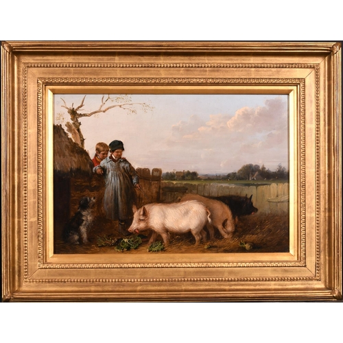 60 - Edmund Bristow (1787-1876) British. “Country Life”, Two Young Boys with Pigs and a Dog, Oil on Panel... 