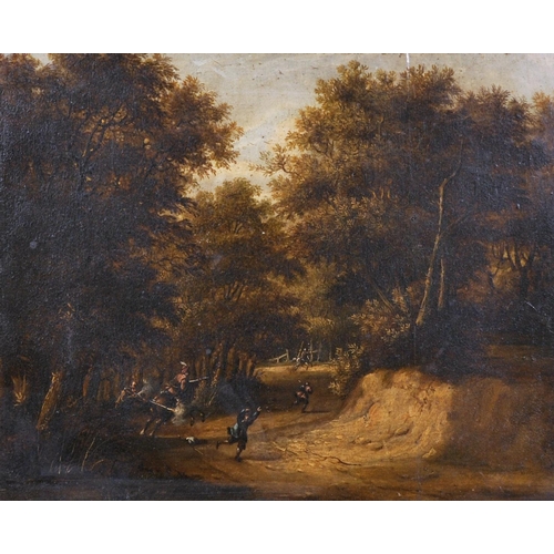 101 - 18th Century Dutch School. An Ambush in a Forest Scene, Oil on Panel, 9.75” x 12” (24.7 x 30.5cm)