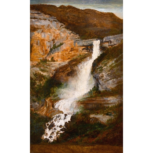 108 - Auguste Flandrin (1804-1843) French. A Waterfall Scene, Oil on Paper, extended, Inscribed on the rev... 