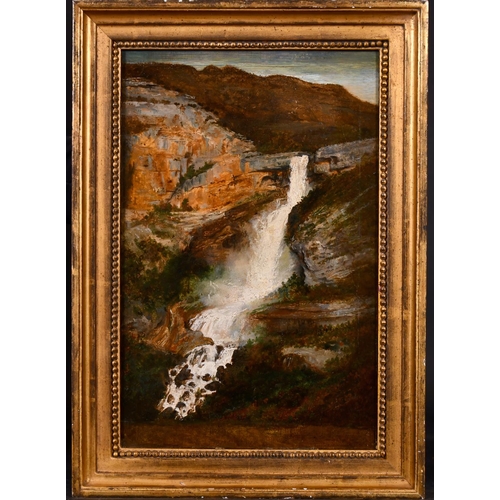 108 - Auguste Flandrin (1804-1843) French. A Waterfall Scene, Oil on Paper, extended, Inscribed on the rev... 