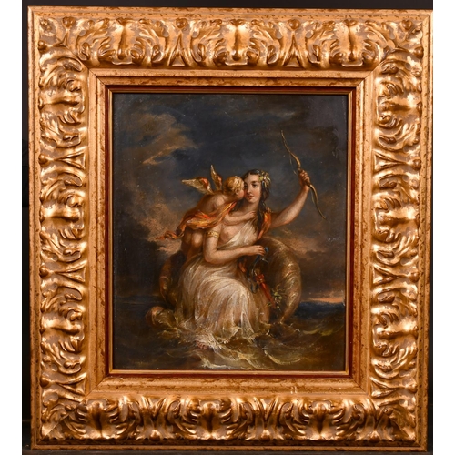 110 - 18th Century French School. Artemis with a Cherub, Oil on Panel, 12” x 10.25” (30.5 x 26cm)