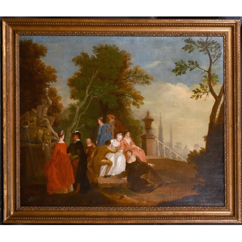 113 - Manner of Jean-Antoine Watteau (1684-1721) French. Elegant Figures on a Terrace, beside a Fountain, ... 