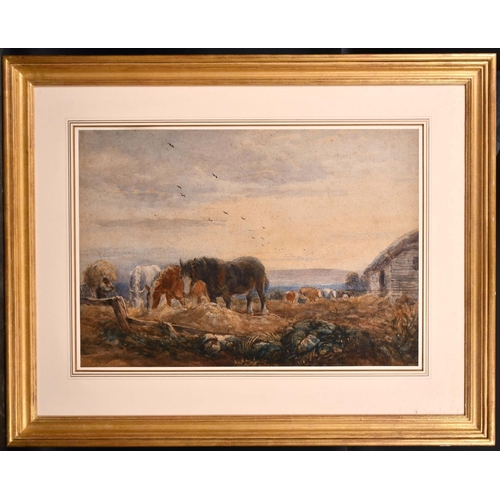 128 - David Cox (1783-1859) British. Feeding the Horses in the Evening, Watercolour, 20.5” x 29.5” (52 x 7... 