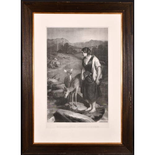 129 - After Sir Edwin Henry Landseer (1802-1873) British. “Highland Lassie Crossing a Stream”, Engraving b... 