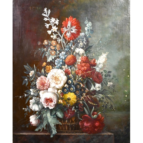 184 - 19th Century English School. Still Life of Flowers in a Wicker Basket, Oil on Canvas, Unframed, 30” ... 