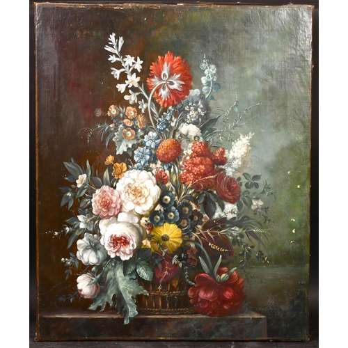 184 - 19th Century English School. Still Life of Flowers in a Wicker Basket, Oil on Canvas, Unframed, 30” ... 