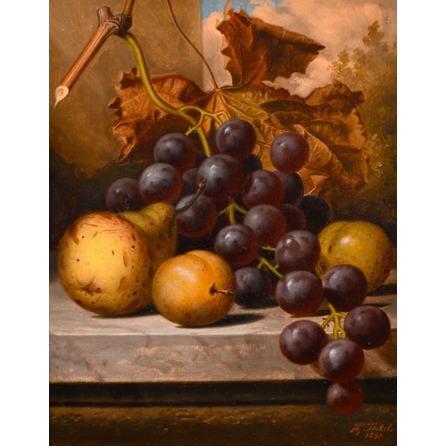 190 - Henry George Todd (1846/47-1898) British. Still Life of Grapes, Pears and Plums on a Ledge, Oil on C... 