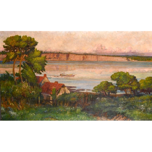 197 - Early 20th Century English School. A River Landscape with a Cottage in the foreground, Oil on Canvas... 