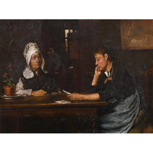 198 - Henry Sykes (1855-1921) British. An Interior with Two Ladies at a Table reading a Letter, Oil on Pan... 