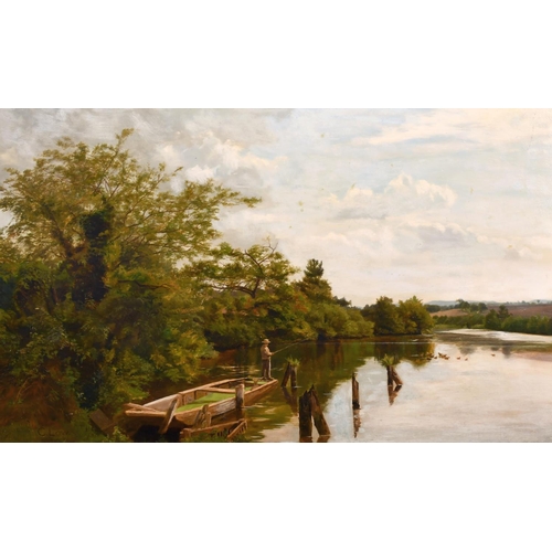 202 - Charles Low (c.1860-c.1920) British. A River Landscape with a Man Fishing from a small Boat, Oil on ... 