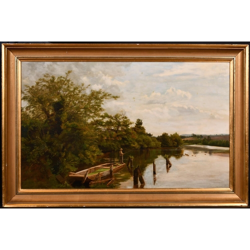 202 - Charles Low (c.1860-c.1920) British. A River Landscape with a Man Fishing from a small Boat, Oil on ... 