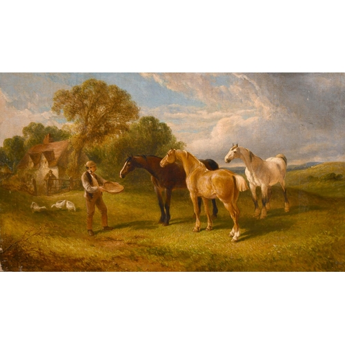 204 - Edwin Long Meadows (act.1854-1905) British. A Figure feeding the Horses, Oil on Canvas, Signed and D... 