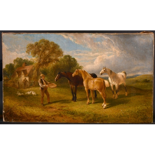 204 - Edwin Long Meadows (act.1854-1905) British. A Figure feeding the Horses, Oil on Canvas, Signed and D... 