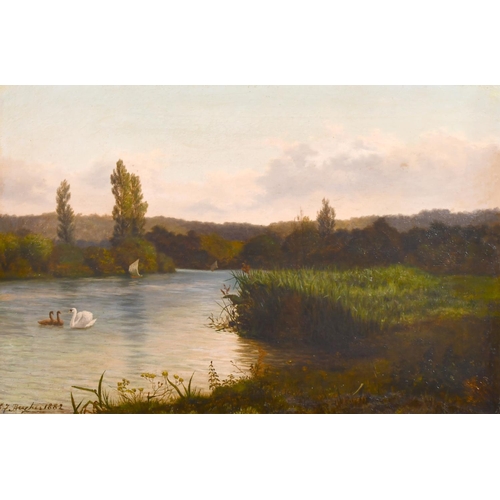 217 - John Joseph Hughes (1820-1909) British. A Tranquil River Landscape with Swans, Oil on Canvas, Signed... 