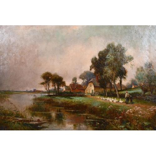 218 - Circle of Sidney Pike (1858-1923) British. A River Landscape with Figures and Geese on a Path, Oil o... 