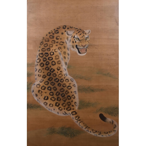 275 - 20th Century Chinese School. Study of a Leopard, Watercolour on a Print Base on Fabric, 48” x 30” (1... 