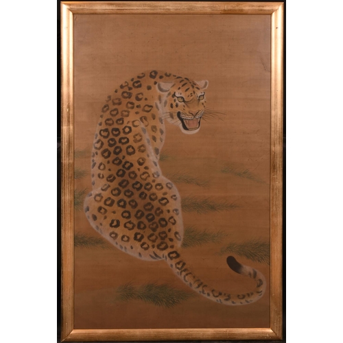 275 - 20th Century Chinese School. Study of a Leopard, Watercolour on a Print Base on Fabric, 48” x 30” (1... 