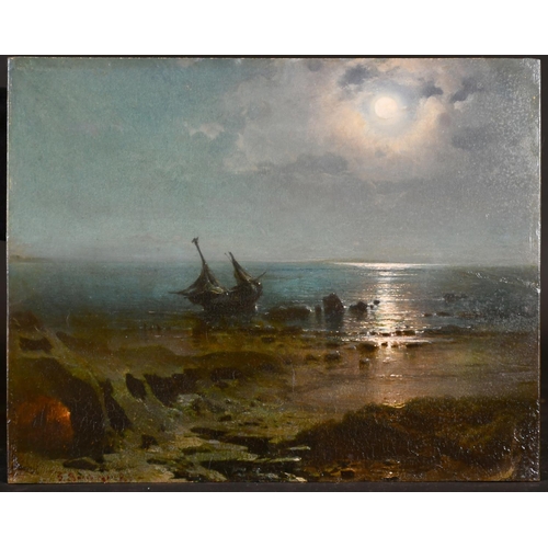 287 - 19th Century Russian School. A Moonlit Coastal Scene with a Beached Boat, and Figures by a Fire, Oil... 