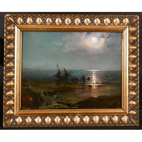 287 - 19th Century Russian School. A Moonlit Coastal Scene with a Beached Boat, and Figures by a Fire, Oil... 