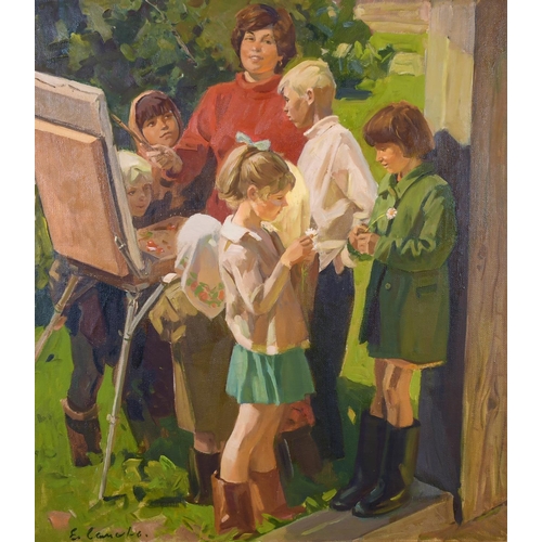 302 - Evgeni Ivanovich Samsonov (1926-    ) Russian. An Artist Painting, with Children Watching, Oil on Ca... 