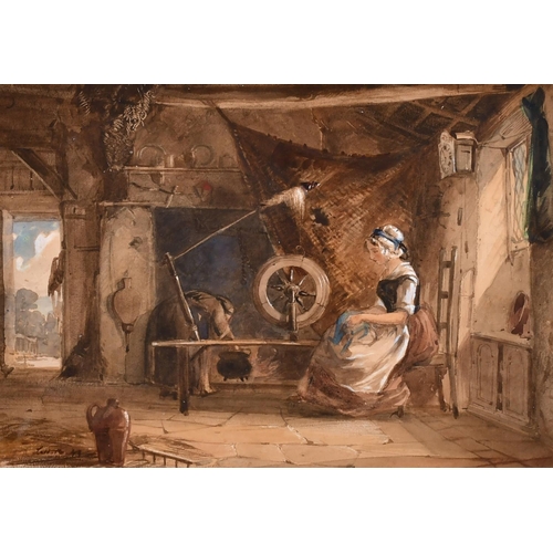 324 - Emile-Aubert Lessore (1805-1876) French. A Cottage Interior with a Young Girl spinning Wool, Waterco... 