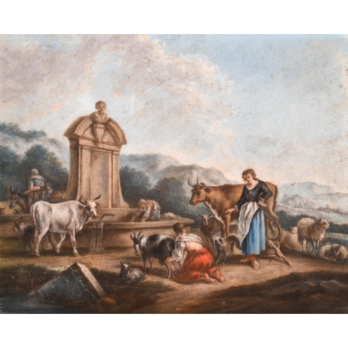 46 - 18th Century French School. Figures and Cattle in a River Landscape, Pastel, Unframed, 14.5” x 17.5”... 