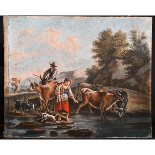 46 - 18th Century French School. Figures and Cattle in a River Landscape, Pastel, Unframed, 14.5” x 17.5”... 