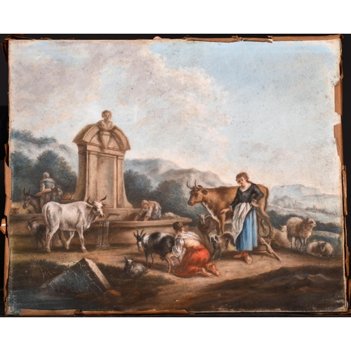 46 - 18th Century French School. Figures and Cattle in a River Landscape, Pastel, Unframed, 14.5” x 17.5”... 