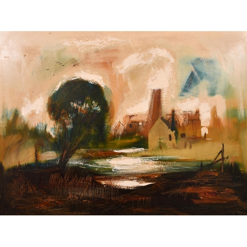 493 - Les Spence (1934-    ) British. A River Landscape with Farm Building in the distance, Oil on Board, ... 