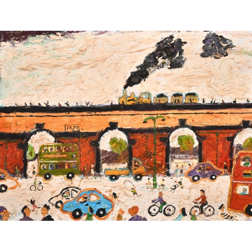 497 - Simeon Stafford (1956-    ) British. A Street Scene with a Steam Train crossing a Bridge, Oil on Boa... 