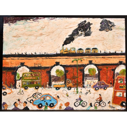 497 - Simeon Stafford (1956-    ) British. A Street Scene with a Steam Train crossing a Bridge, Oil on Boa... 