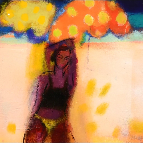 499 - Francis Boag (1948-    ) British. A Woman on a Beach with Parasols behind, Oil on Board, 8” x 7.75” ... 