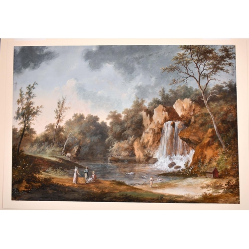 54 - Late 18th Century French School. Elegant Figures in a Classical Landscape with a Waterfall, Gouache,... 