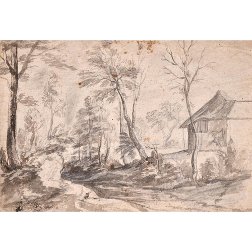 65 - Thomas Kerrich (1748-1828) British. A Wooded Landscape with a House, Pencil and Wash, Indistinctly I... 