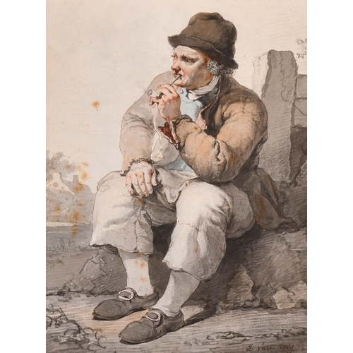 70 - Jacob van Strij (1756-1815) Dutch. Study of a Seated Man smoking a Pipe, Watercolour and Wash, Signe... 