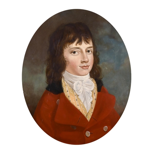 89 - 18th Century English School. A Portrait of Master Reade of Wrangle Hall, Oil on Panel, Oval, 13.75” ... 