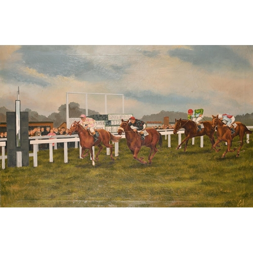 111 - Cot (20th Century) British. A Horse Racing Scene passing the Post, Oil on Canvas, Signed, Unframed, ... 