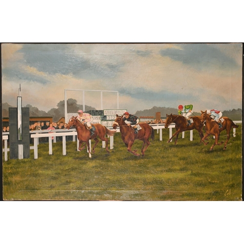 111 - Cot (20th Century) British. A Horse Racing Scene passing the Post, Oil on Canvas, Signed, Unframed, ... 