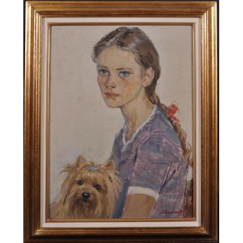 141 - Anatoli Ilich Vasiliev (1917-1994) Russian. Portrait of a Young Girl with her Dog, Oil on Canvas, Si... 