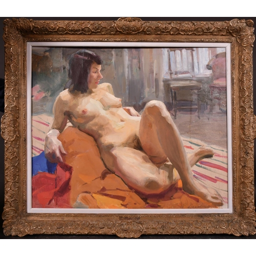 145 - 20th Century Russian School. A Reclining Nude, Oil on Board, Signed in Cyrillic, and Signed on the r... 