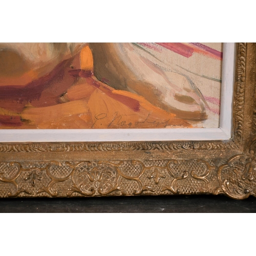 145 - 20th Century Russian School. A Reclining Nude, Oil on Board, Signed in Cyrillic, and Signed on the r... 