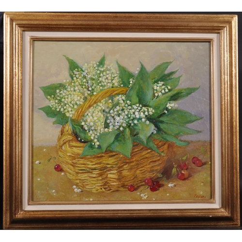 147 - Valentina Sergeevna Groch (1961- ) Russian. A Still Life of Lily of the Valley in a Basket Oil on Ca... 