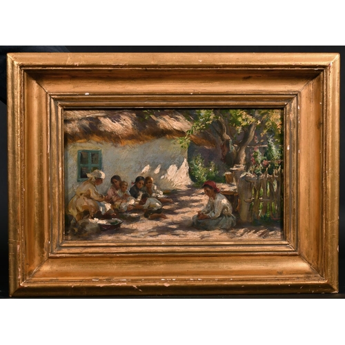 152 - Nicholai Vasilievich Kharitonov (1880-1944) Russian. Figures in the Shade by a Hut, Oil on Board, wi... 