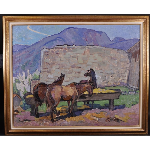 162 - Viktor Fedorovitch Vassine (1919-1997) Russian. “Horses”, at a Farmyard Trough, Oil on Canvas, Signe... 