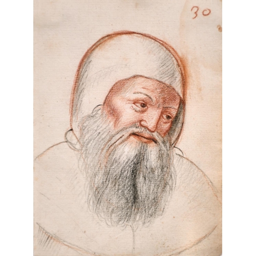 17 - 18th Century French School. Head of a Man, Red Chalk and Pencil, Numbered ‘32’, 5.5” x 4” (14 x 10.2... 