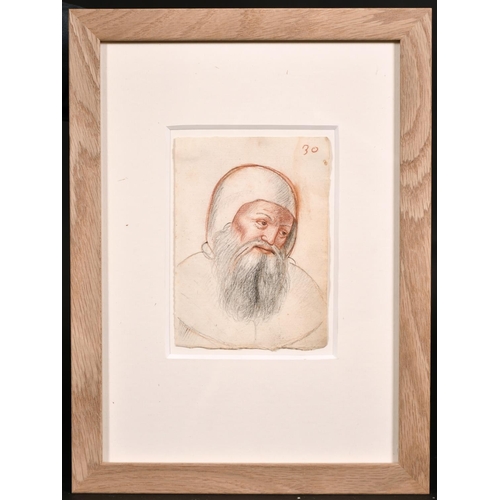 17 - 18th Century French School. Head of a Man, Red Chalk and Pencil, Numbered ‘32’, 5.5” x 4” (14 x 10.2... 