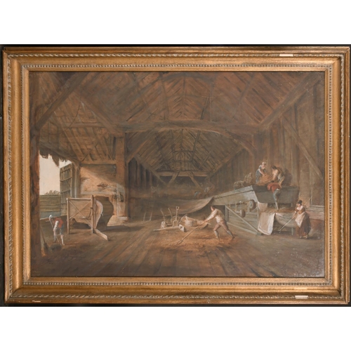 20 - 18th Century French School. Figures Threshing in a Great Barn, Gouache, 25” x 35” (63.5 x 89cm)