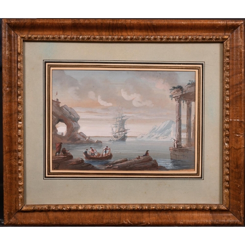 21 - Early 19th Century European School. Figures in a Boat by Classical Ruins with a Ship beyond, Gouache... 